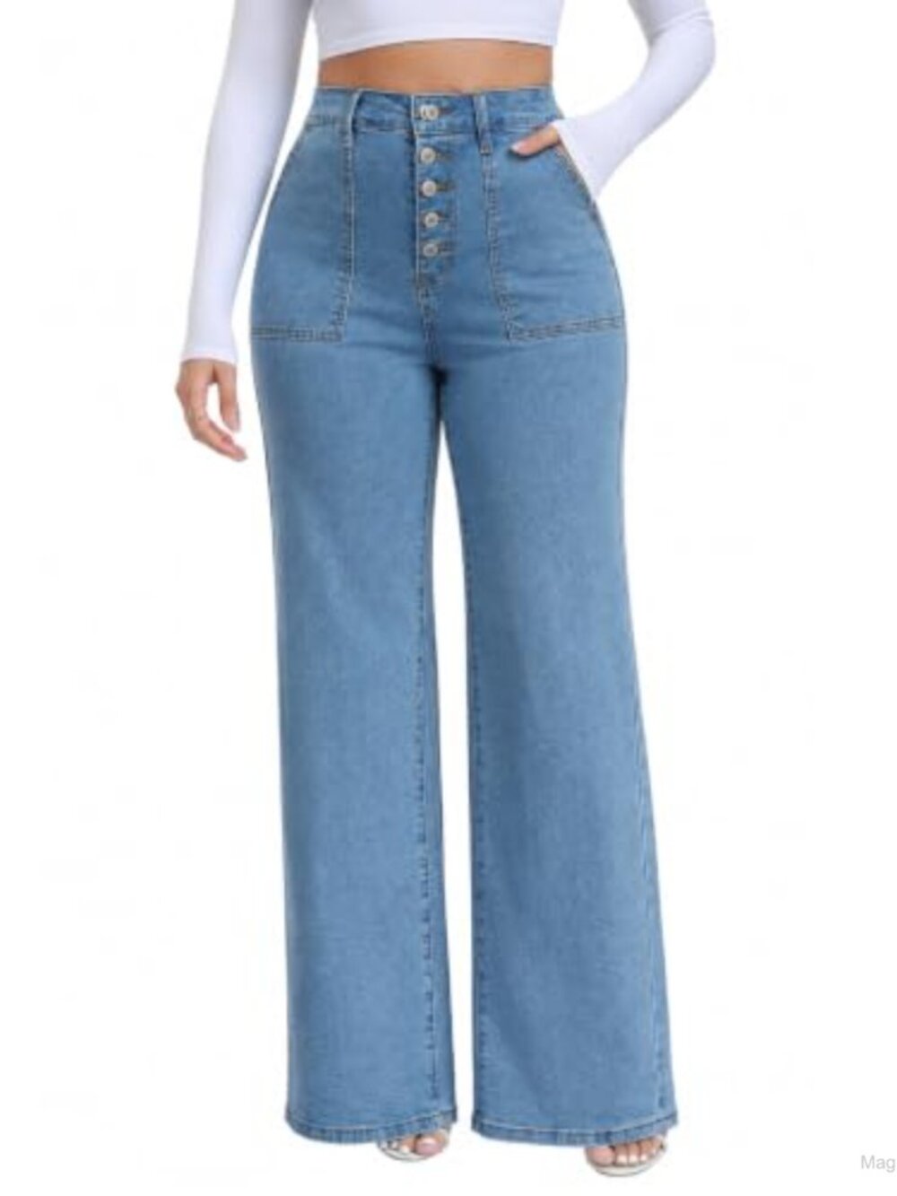 Wide Leg High Rise Jeans Button Fly Stretch Denim